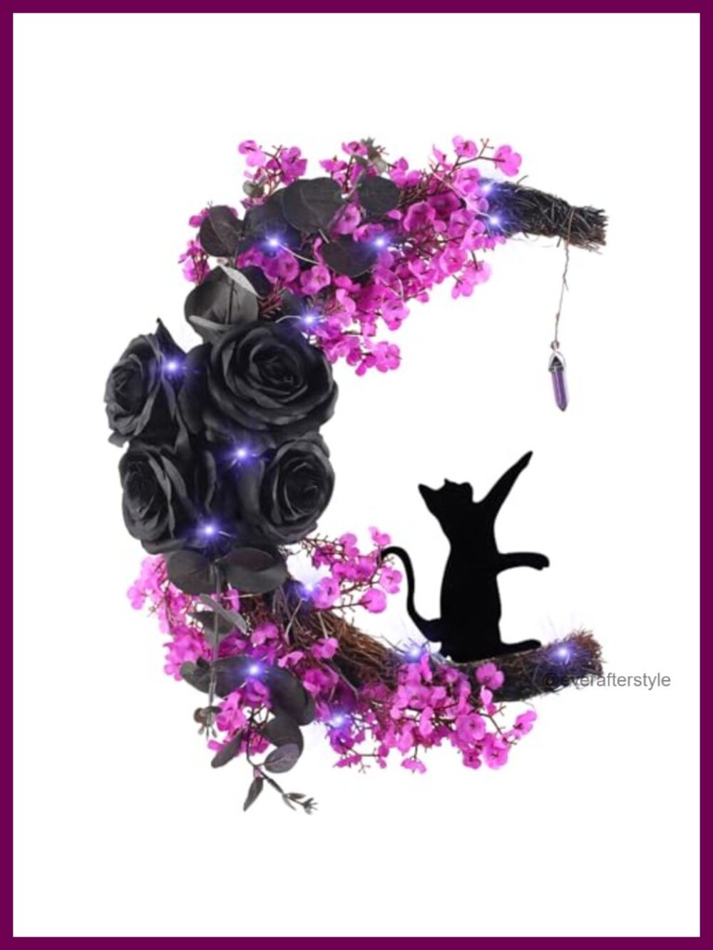 Lighted Halloween Wreath 13.8in Artificial Cat Moon Decor for Front Door